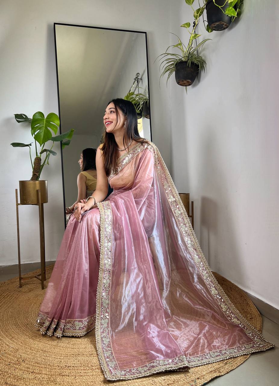 Teeya Creation Lavender Color Silver Tissue Silk Embroidery And Mirror Work Saree | Grocsy