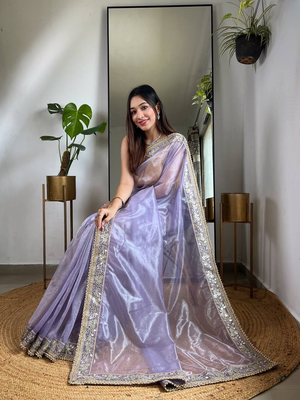 Teeya Creation Lavender Color Silver Tissue Silk Embroidery And Mirror Work Saree | Grocsy