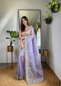 Teeya Creation Lavender Color Silver Tissue Silk Embroidery And Mirror Work Saree | Grocsy