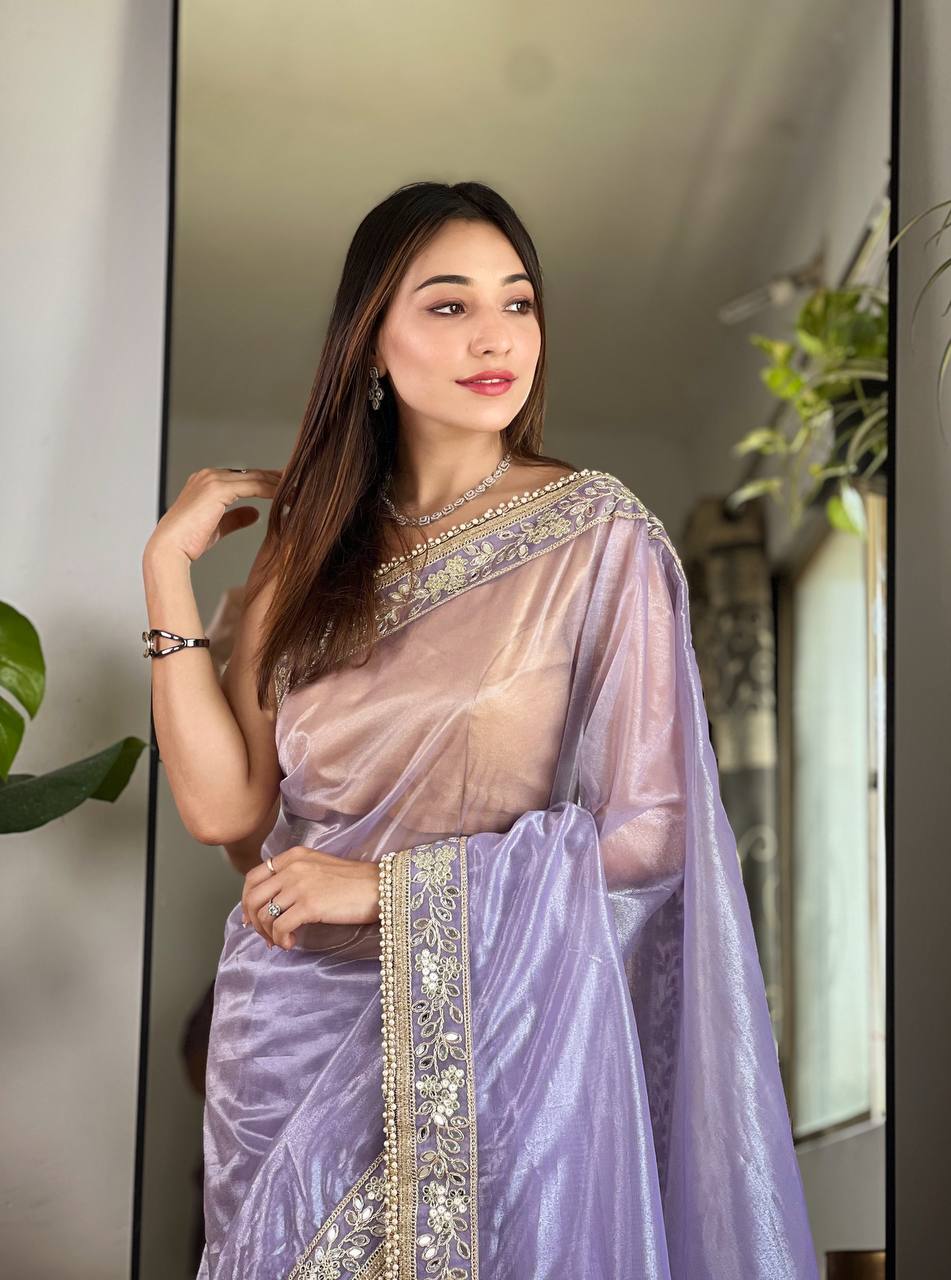 Teeya Creation Lavender Color Silver Tissue Silk Embroidery And Mirror Work Saree | Grocsy