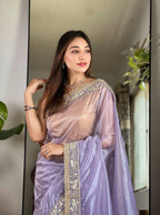 Teeya Creation Lavender Color Silver Tissue Silk Embroidery And Mirror Work Saree | Grocsy