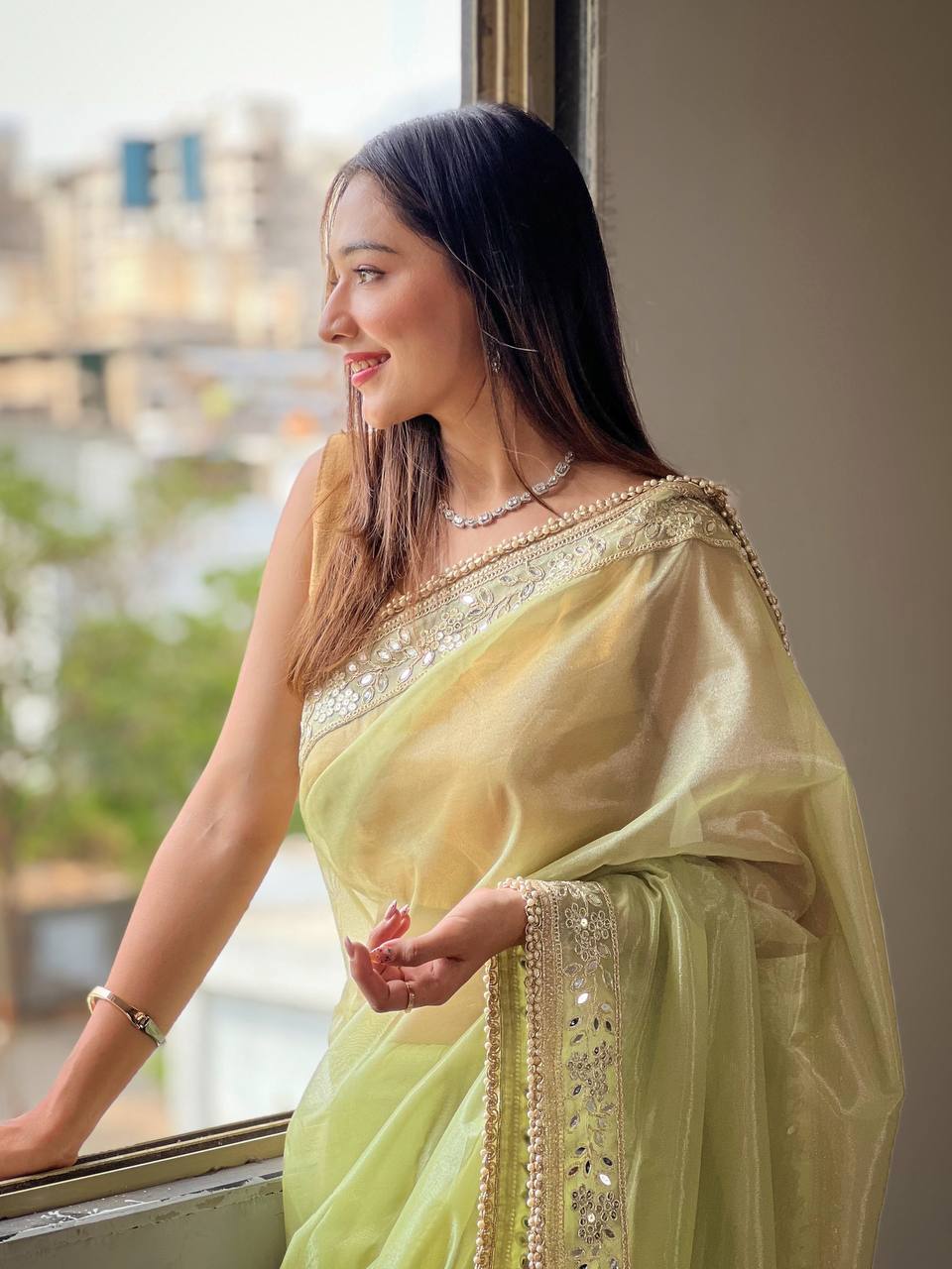 Teeya Creation Lavender Color Silver Tissue Silk Embroidery And Mirror Work Saree | Grocsy