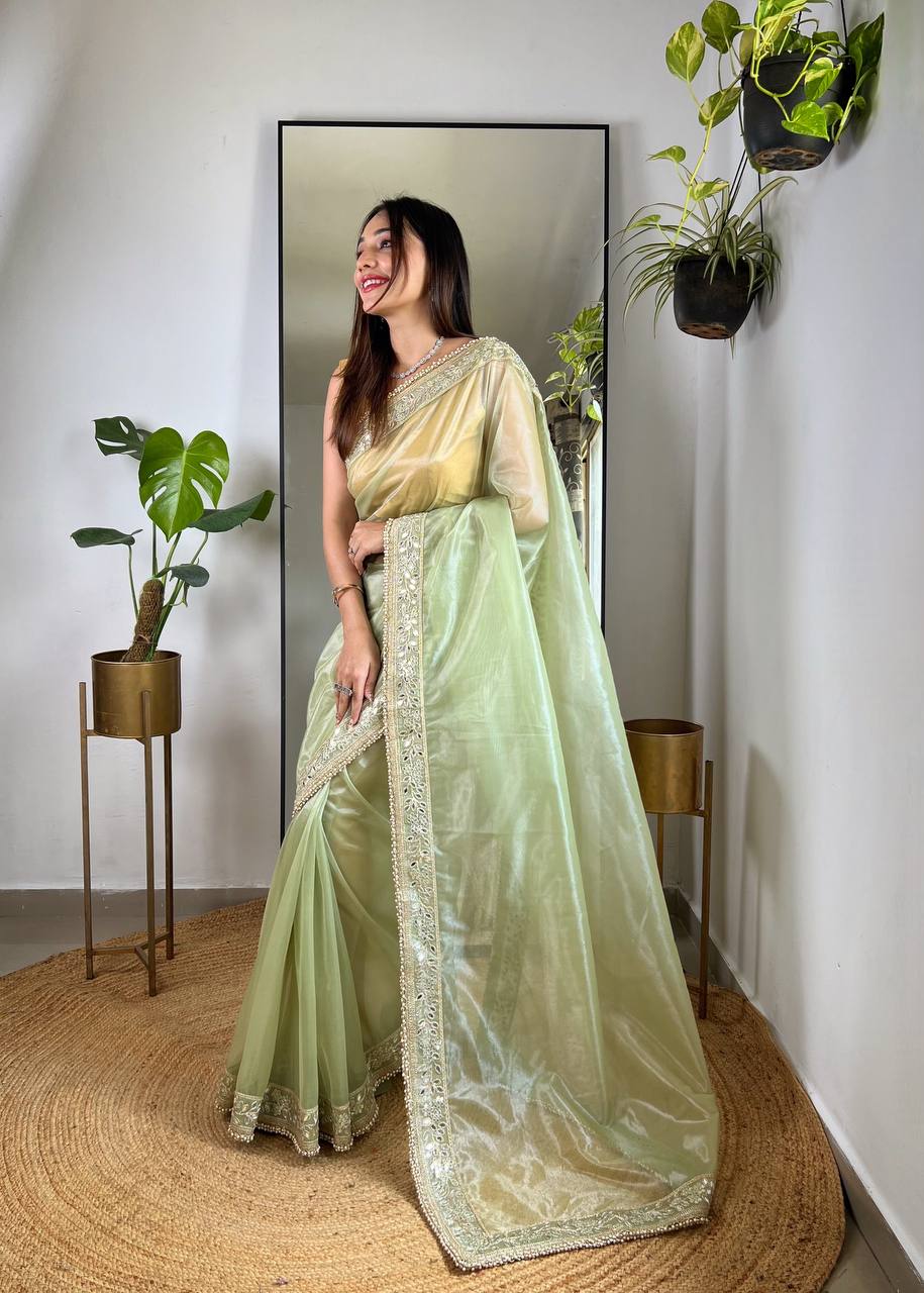 Teeya Creation Lavender Color Silver Tissue Silk Embroidery And Mirror Work Saree | Grocsy