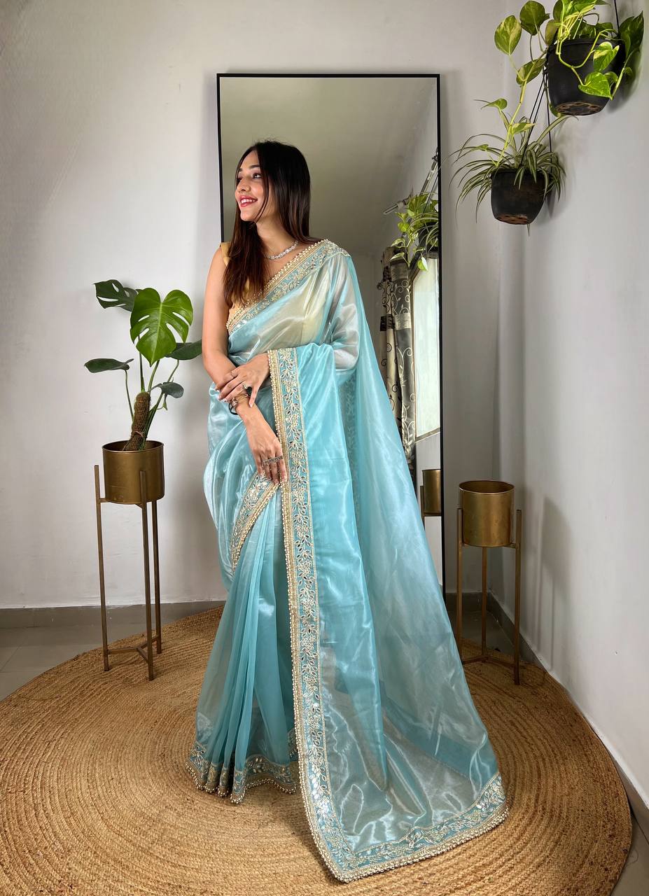 Teeya Creation Lavender Color Silver Tissue Silk Embroidery And Mirror Work Saree | Grocsy
