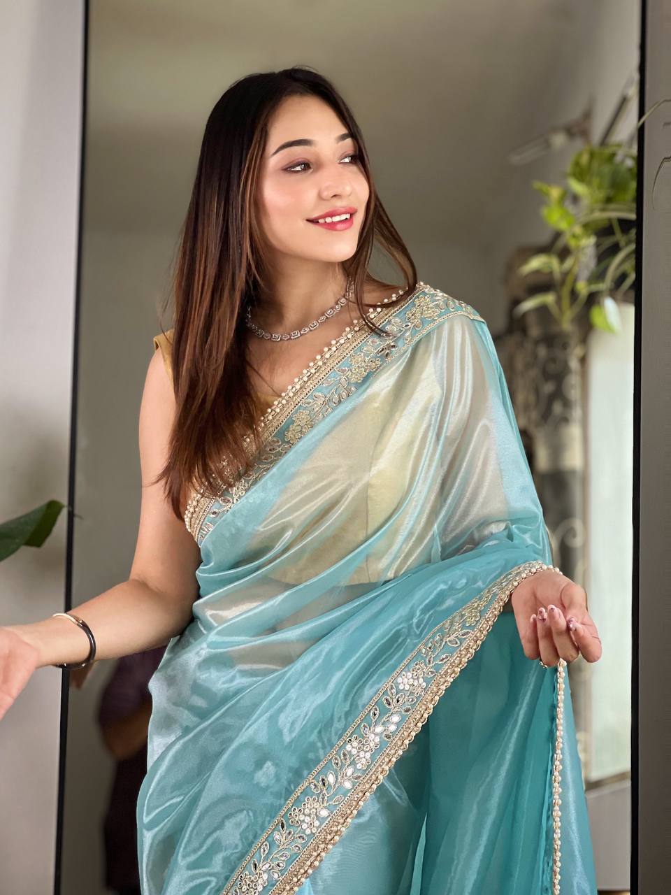 Teeya Creation Lavender Color Silver Tissue Silk Embroidery And Mirror Work Saree | Grocsy