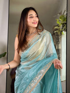 Teeya Creation Lavender Color Silver Tissue Silk Embroidery And Mirror Work Saree | Grocsy