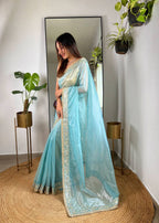 Teeya Creation Lavender Color Silver Tissue Silk Embroidery And Mirror Work Saree | Grocsy