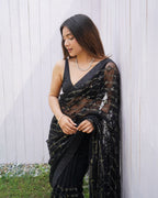Teeya Creation Black Color Butterfly Net Embroidery Work Saree | Grocsy