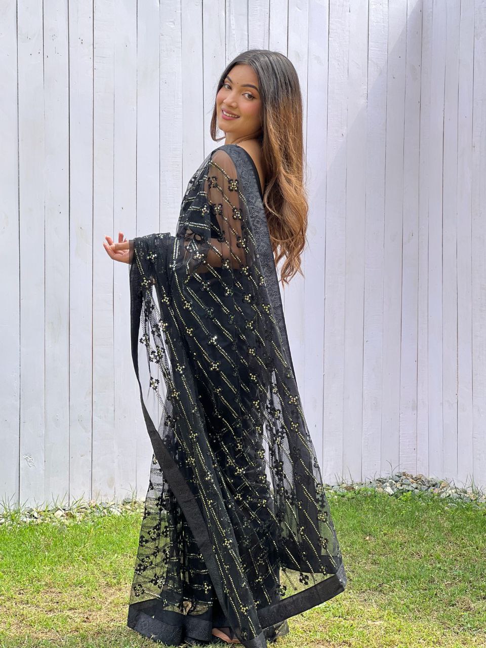 Teeya Creation Black Color Butterfly Net Embroidery Work Saree | Grocsy