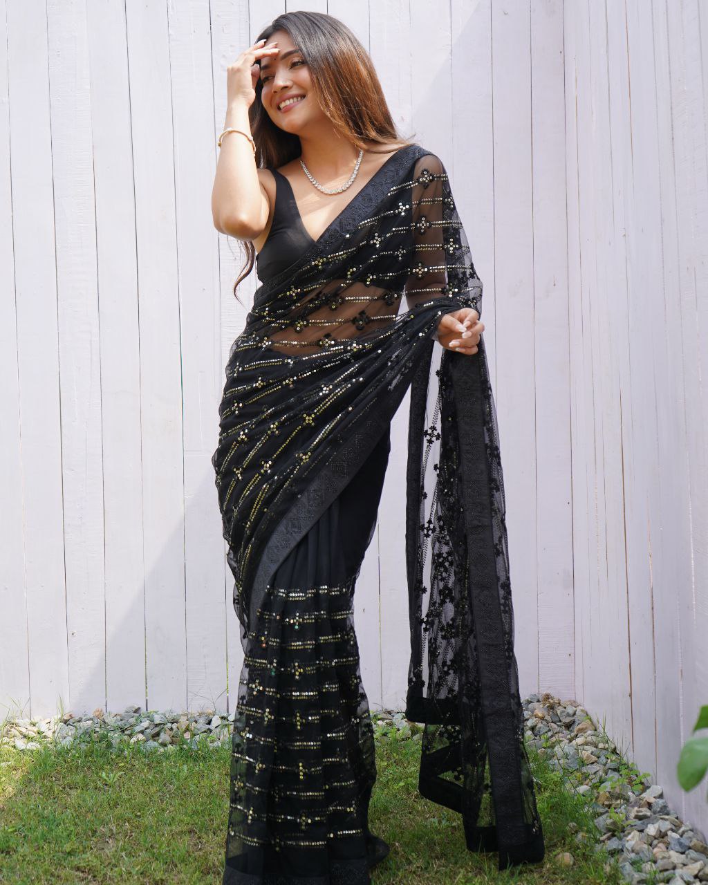 Teeya Creation Black Color Butterfly Net Embroidery Work Saree | Grocsy
