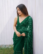 Teeya Creation Green Color Butterfly Net Embroidery Work Saree | Grocsy