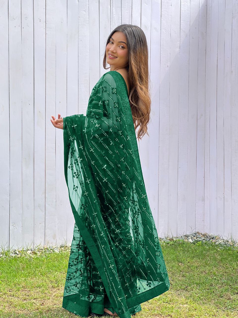 Teeya Creation Green Color Butterfly Net Embroidery Work Saree | Grocsy
