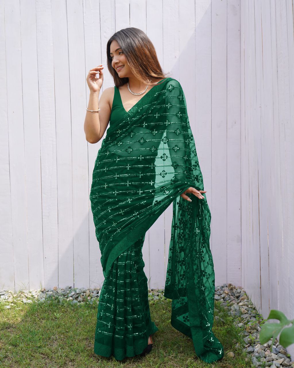 Teeya Creation Green Color Butterfly Net Embroidery Work Saree | Grocsy