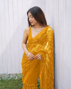 Teeya Creation Yellow Color Butterfly Net Embroidery Work Saree | Grocsy