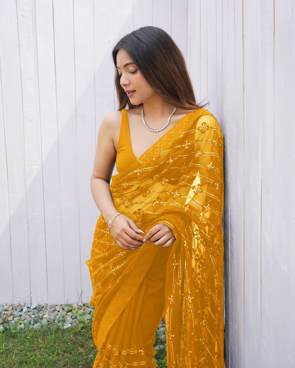 Teeya Creation Yellow Color Butterfly Net Embroidery Work Saree | Grocsy