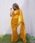 Teeya Creation Yellow Color Butterfly Net Embroidery Work Saree | Grocsy