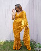 Teeya Creation Yellow Color Butterfly Net Embroidery Work Saree | Grocsy