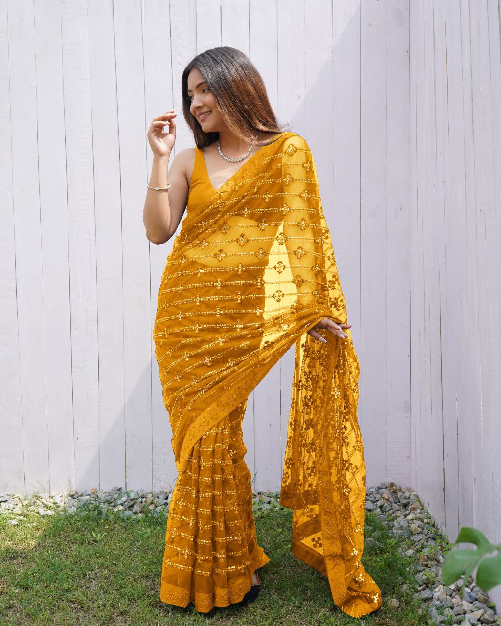 Teeya Creation Yellow Color Butterfly Net Embroidery Work Saree | Grocsy