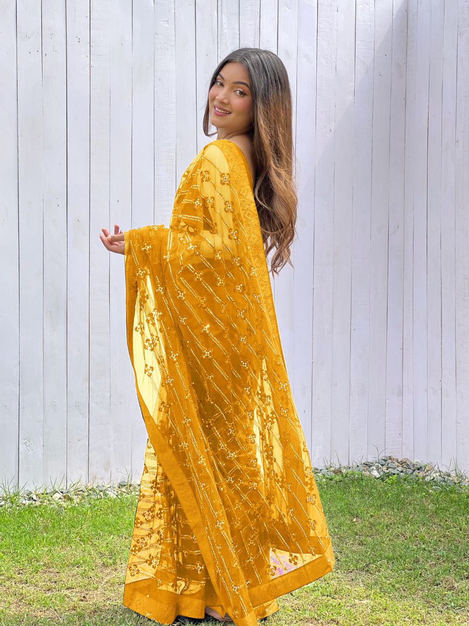 Teeya Creation Yellow Color Butterfly Net Embroidery Work Saree | Grocsy
