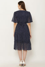 PAVONINE Micro Dots V-Neck Georgette Fabric Navy Blue Dress For Women | Grocsy