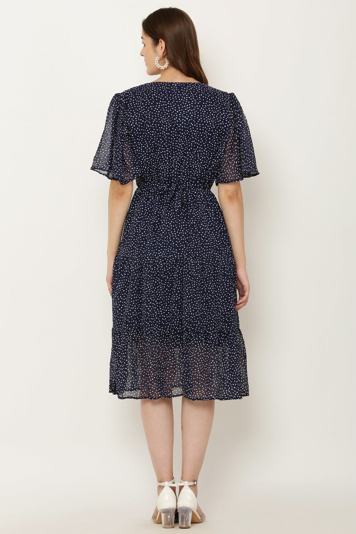 PAVONINE Micro Dots V-Neck Georgette Fabric Navy Blue Dress For Women | Grocsy