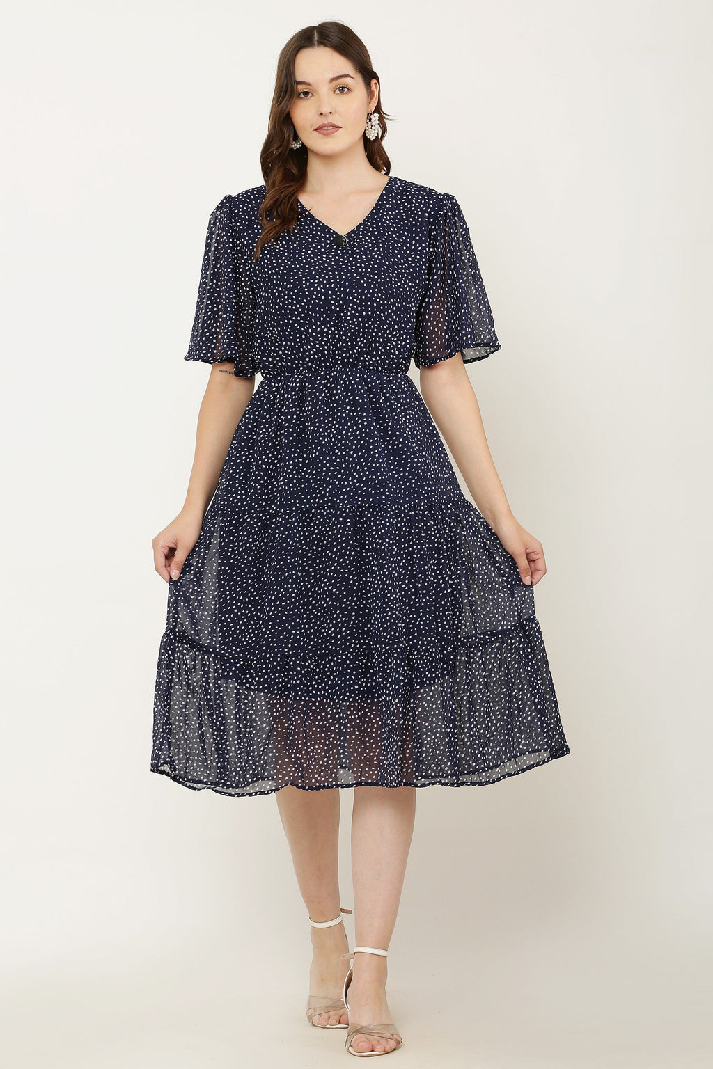 PAVONINE Micro Dots V-Neck Georgette Fabric Navy Blue Dress For Women | Grocsy