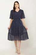 PAVONINE Micro Dots V-Neck Georgette Fabric Navy Blue Dress For Women | Grocsy