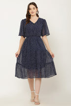 PAVONINE Micro Dots V-Neck Georgette Fabric Navy Blue Dress For Women | Grocsy