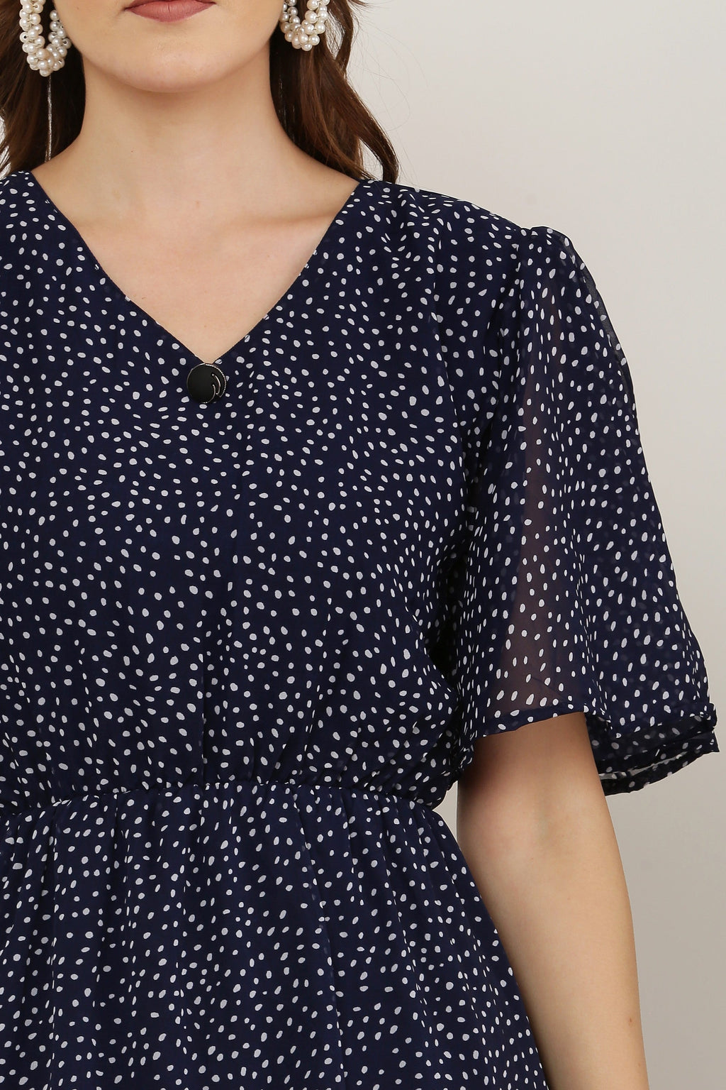 PAVONINE Micro Dots V-Neck Georgette Fabric Navy Blue Dress For Women | Grocsy