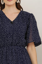 PAVONINE Micro Dots V-Neck Georgette Fabric Navy Blue Dress For Women | Grocsy