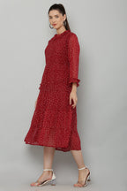 PAVONINE Micro Dots Frill-Neck Georgette Fabric Maroon Dress For Women | Grocsy