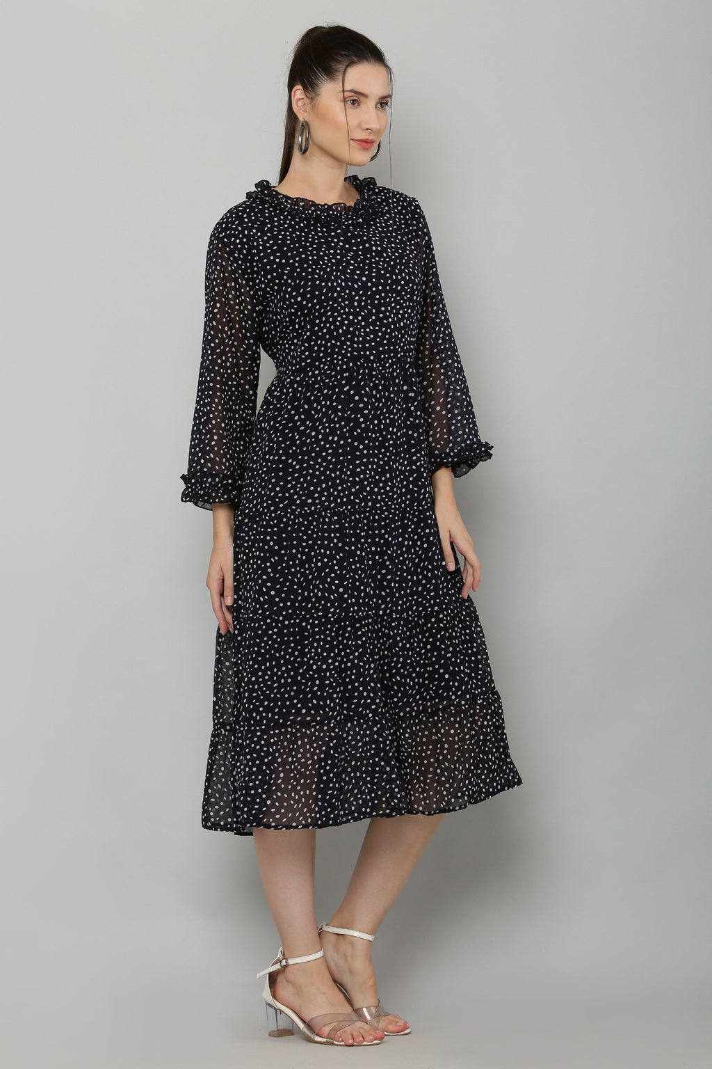 PAVONINE Micro Dots Frill-Neck Georgette Fabric Navy Blue Dress For Women | Grocsy
