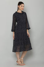 PAVONINE Micro Dots Frill-Neck Georgette Fabric Navy Blue Dress For Women | Grocsy