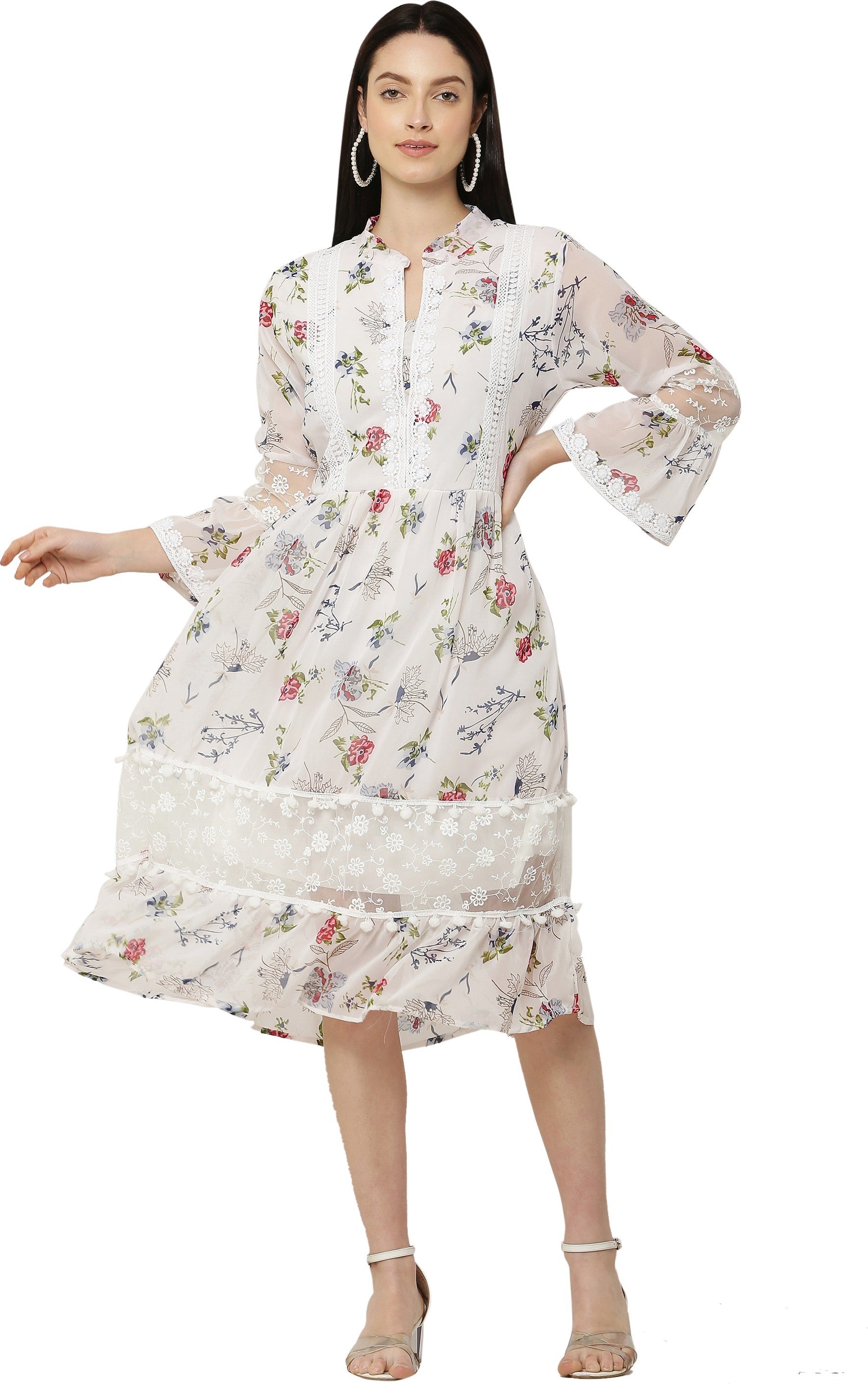 PAVONINE White Color Flower Printed Lace Bottom Dress For Girls & Women | Grocsy