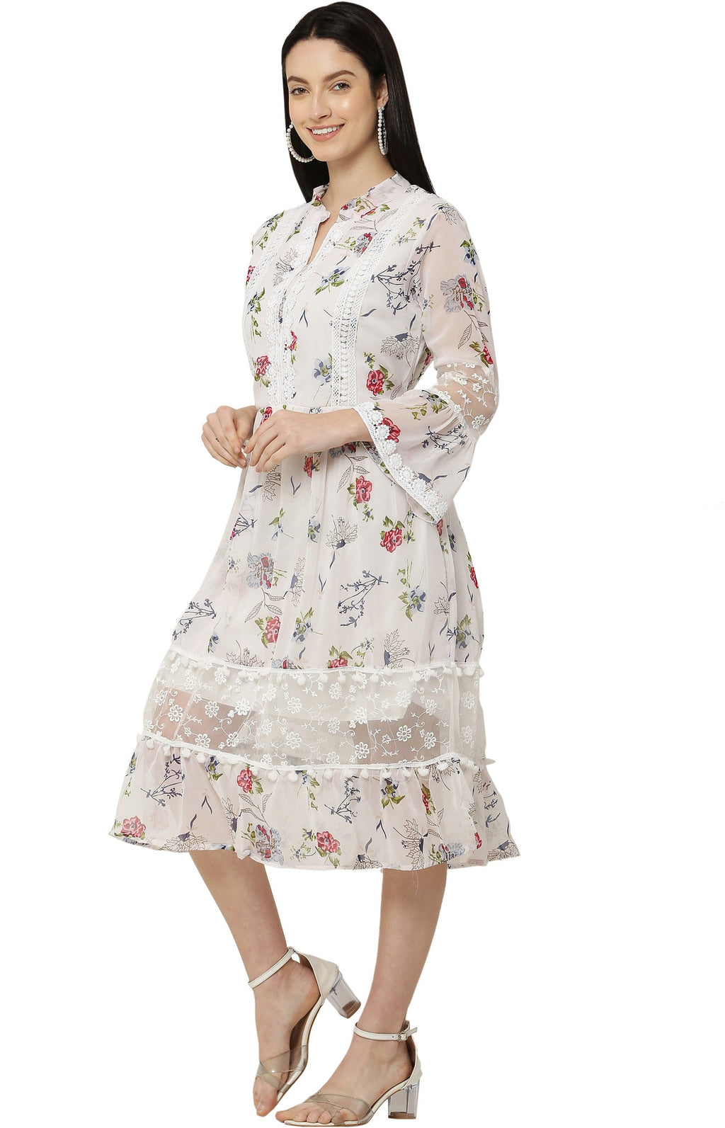 PAVONINE White Color Flower Printed Lace Bottom Dress For Girls & Women | Grocsy