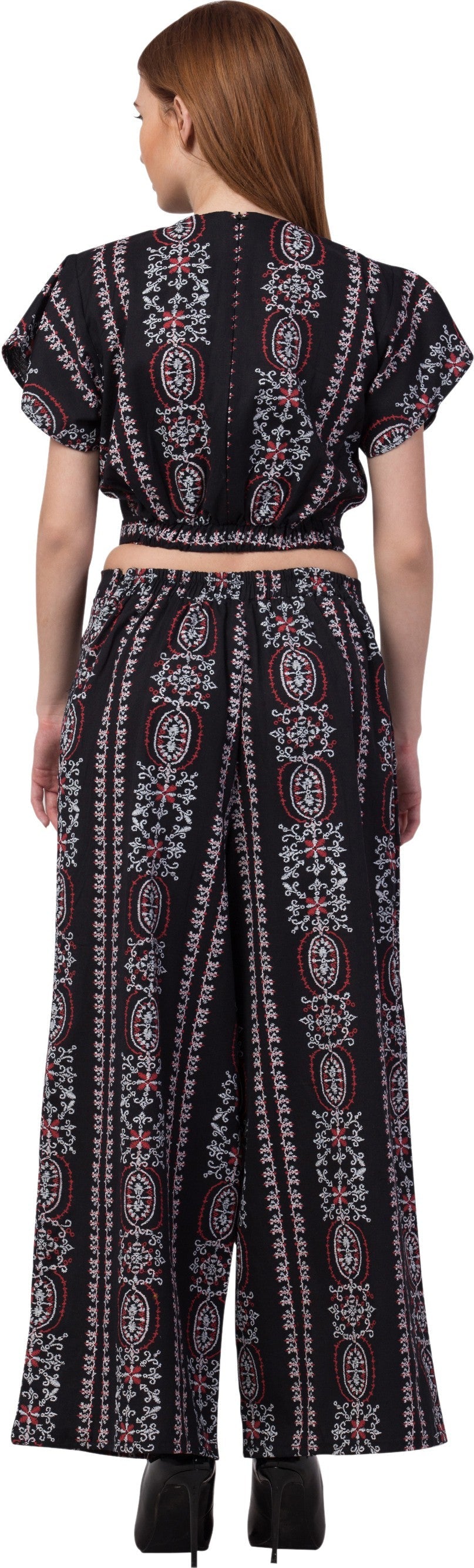 PAVONINE Black Color Printed Crop Top And Flared Palazzo Set For Girls & Women | Grocsy
