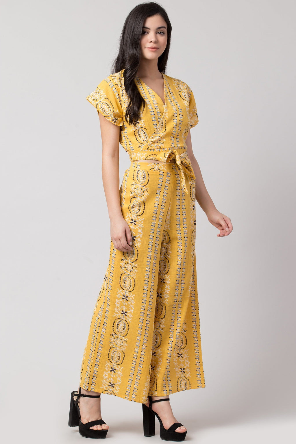 PAVONINE Mustard Color Printed Crop Top And Flared Palazzo Set For Girls & Women | Grocsy