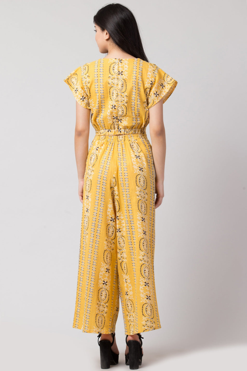 PAVONINE Mustard Color Printed Crop Top And Flared Palazzo Set For Girls & Women | Grocsy