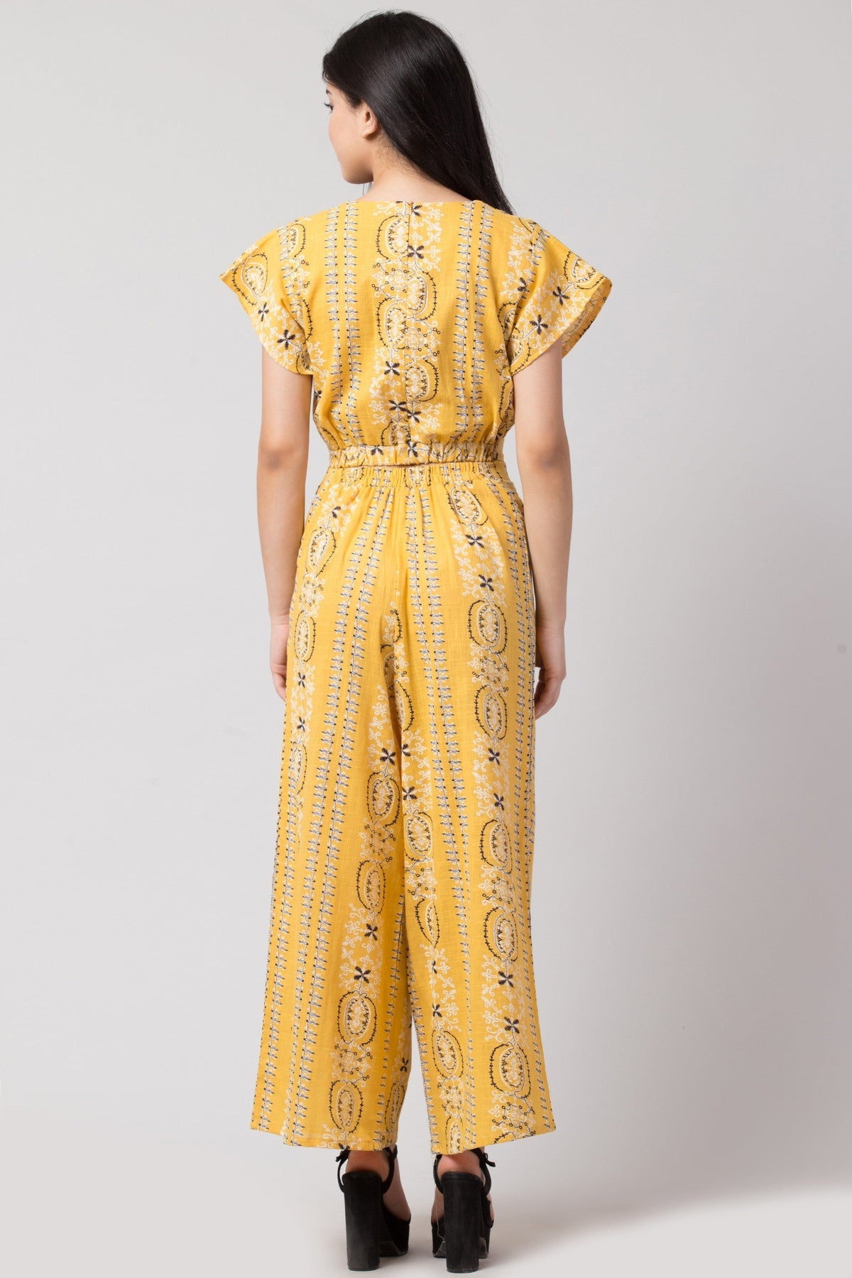 PAVONINE Mustard Color Printed Crop Top And Flared Palazzo Set For Girls & Women | Grocsy