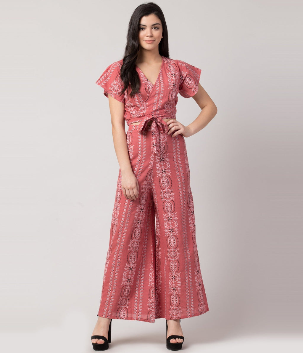 PAVONINE Peach Color Printed Crop Top And Flared Palazzo Set For Girls & Women | Grocsy