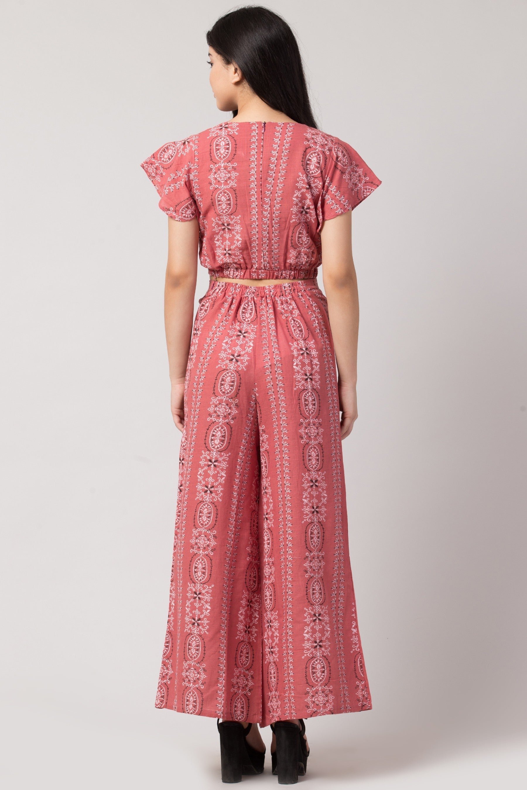 PAVONINE Peach Color Printed Crop Top And Flared Palazzo Set For Girls & Women | Grocsy