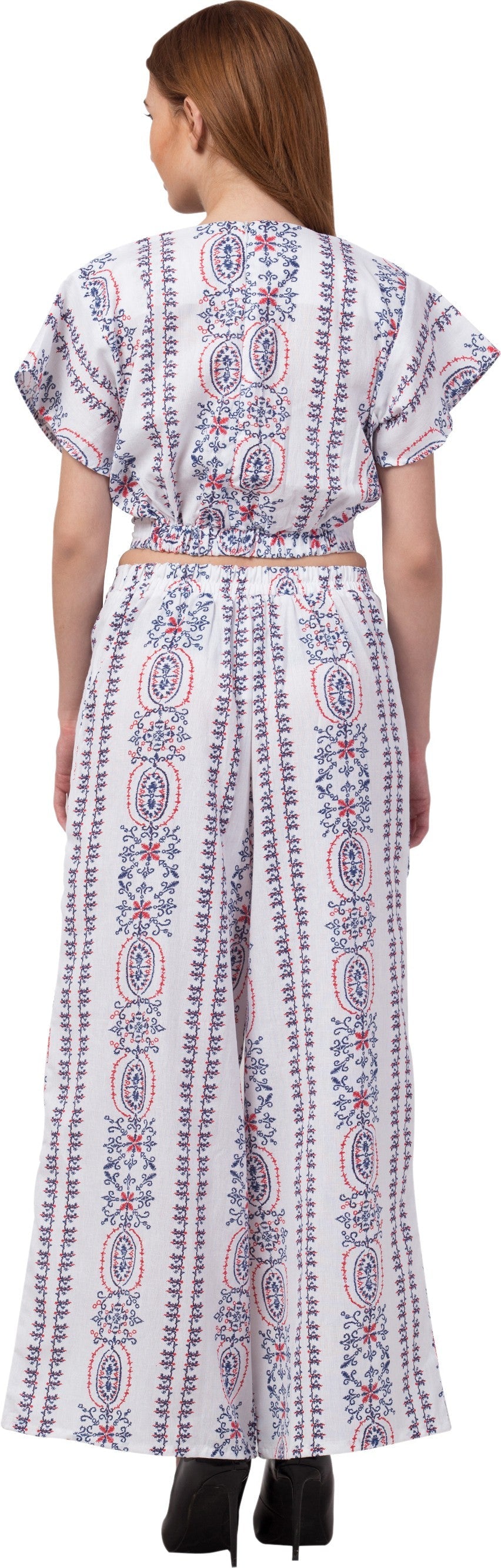 PAVONINE White Color Printed Crop Top And Flared Palazzo Set For Girls & Women | Grocsy