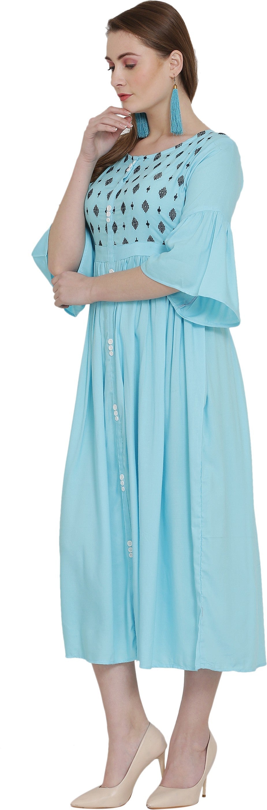 PAVONINE Firozi Color Embroidery Work With Button Dress For Women | Grocsy