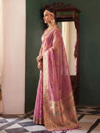 Shree Shyam Fashion Rose Pink Woven Work Tissue Silk Fabric Festive Wear Saree With Blouse | Grocsy