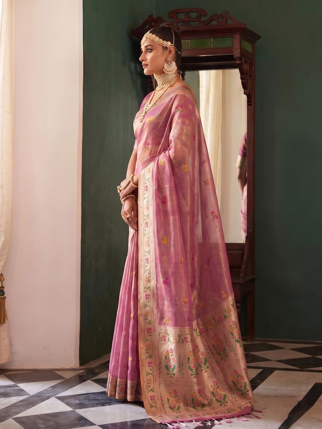 Shree Shyam Fashion Rose Pink Woven Work Tissue Silk Fabric Festive Wear Saree With Blouse | Grocsy