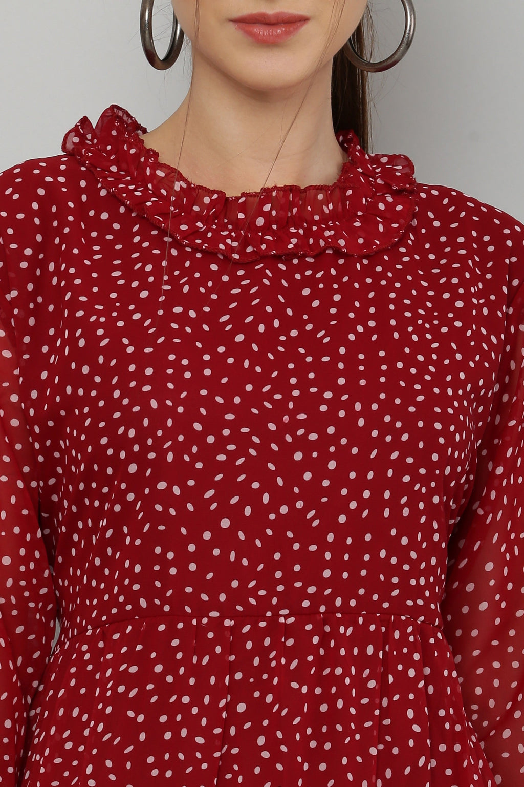 PAVONINE Micro Dots Frill-Neck Georgette Fabric Maroon Dress For Women | Grocsy