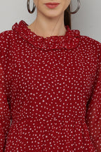 PAVONINE Micro Dots Frill-Neck Georgette Fabric Maroon Dress For Women | Grocsy