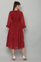 PAVONINE Micro Dots Frill-Neck Georgette Fabric Maroon Dress For Women | Grocsy