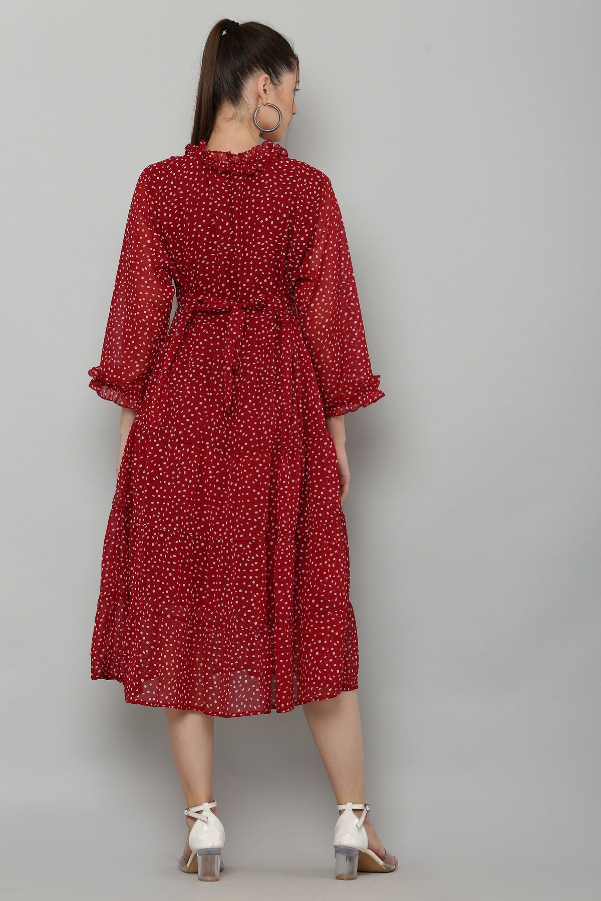 PAVONINE Micro Dots Frill-Neck Georgette Fabric Maroon Dress For Women | Grocsy