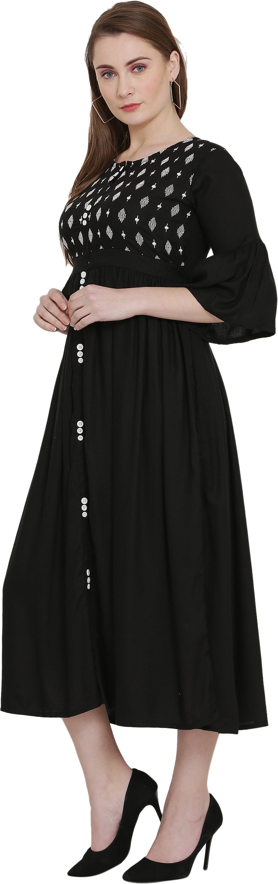 PAVONINE Black Color Embroidery Work With Button Dress For Women | Grocsy